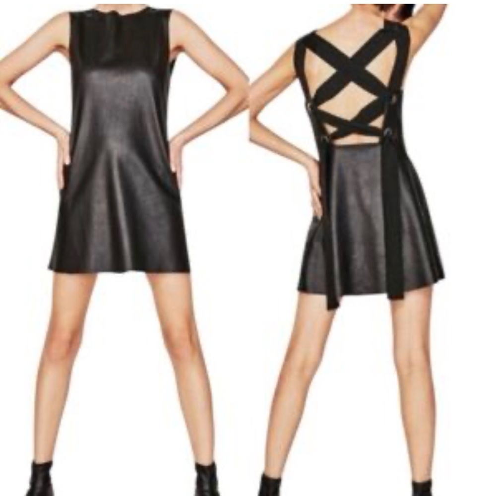 Zara Sleeveless Pinafore Style Crisscross Ribbon Faux Leather Black Mini Dress S